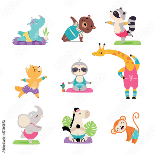 Cute animals doing yoga set. Adorable monkey, giraffe, cat, hippopotamus, elephant, horse practicing fitness exercises cartoon vector illustration photo