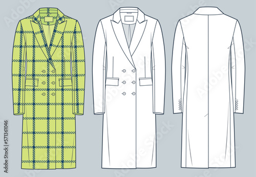 Сlassic double breasted Coat technical fashion illustration, yellow plaid design. Jacket fashion technical drawing template, front,  back view, white, Outerwear women, men, unisex CAD mockup set.