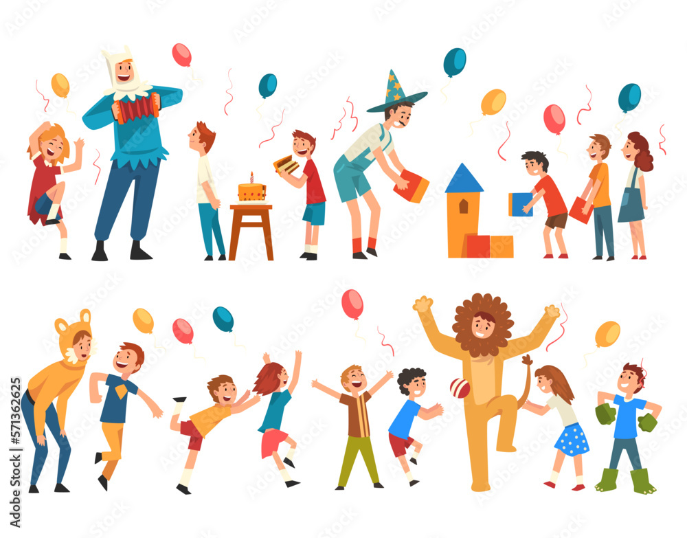 Happy Boys and Girls Having Fun with Animator at Birthday Party Big Vector Set