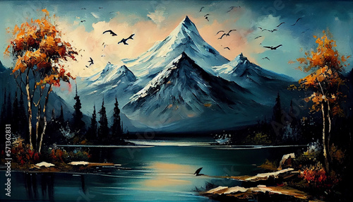 Montaña, majestuosa, romanticismo, Río, tranquilo, impresionista, Pájaros, libres, expressionista. photo