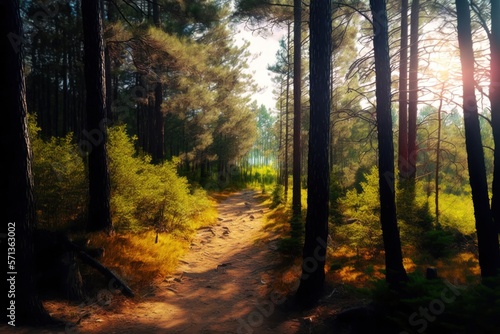path in the middle of the forest illuminated by sunlight and morning dew, GENERATIVE AI