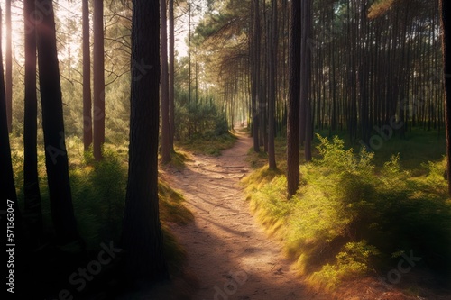 path in the middle of the forest illuminated by sunlight and morning dew  GENERATIVE AI