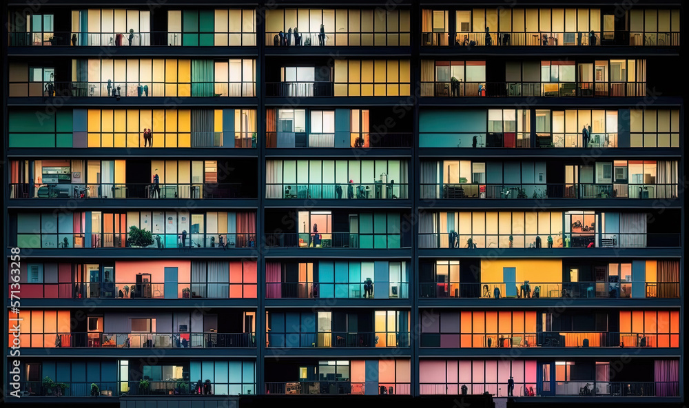 Apartment building in the evening with lighting in the apartments Apartment building in the evening with lighting in the apartments