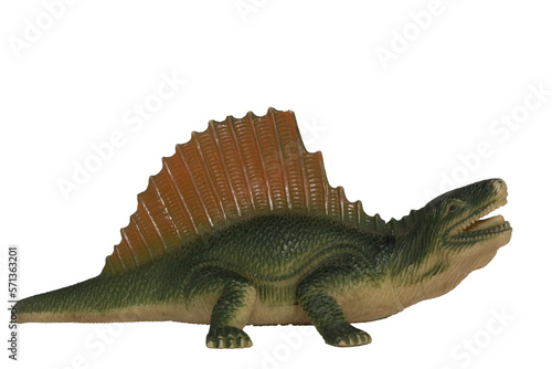 A dimetrodon in profile isolated on a white background. Toy dinosaur.