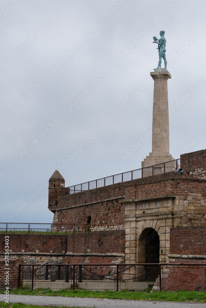 Victor (Pobednik) monument and King Gate on Kalemegdan fortress in Belgrade, landmark of city and touristic attraction