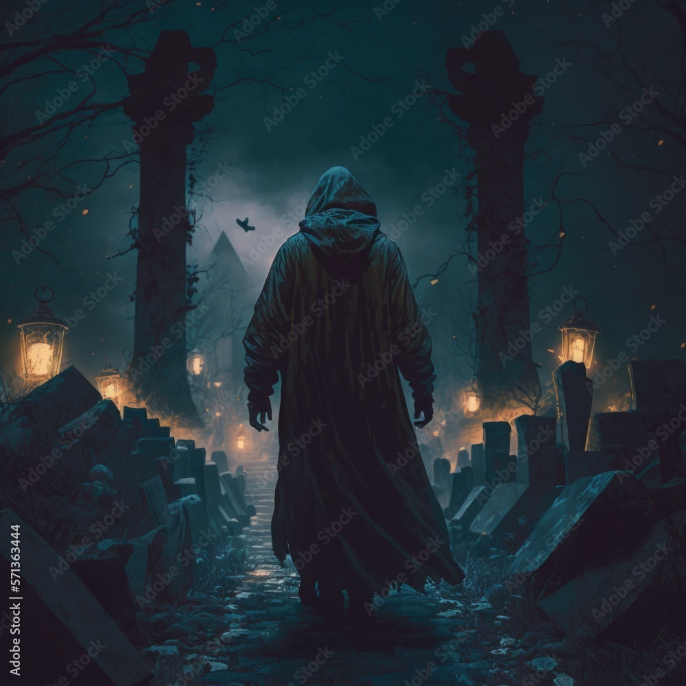hooded figure walking through a graveyard in the dead of night, fantasy  art, AI generation. Illustration Stock | Adobe Stock