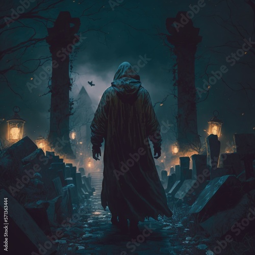 hooded figure walking through a graveyard in the dead of night, fantasy art, AI generation. photo