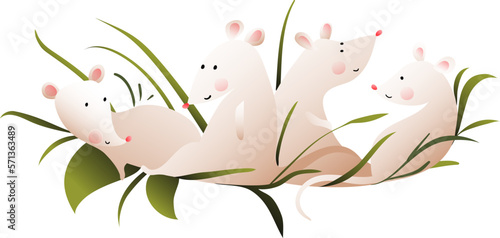 Cute Mouse Family in the Nest  drawing for children. Funny rodent animals cartoon for kids. Hand drawn artistic vector isolated clip art illustration for children.