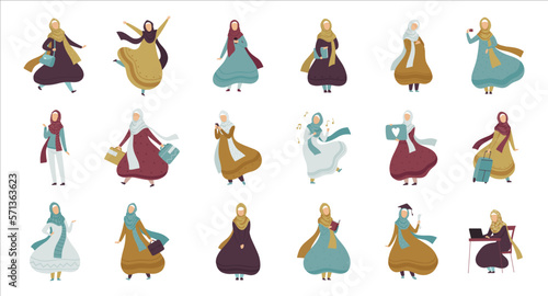 Islam arabian female in different activities set. Saudi muslim business woman character working, dancing, shopping and traveling vector illustration
