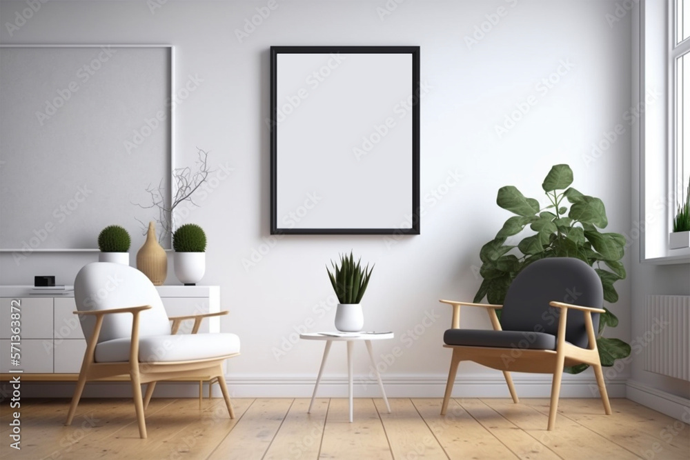 Black empty frame mockup on the white wall and modern minimalist room,3D rendering.Poster frame.Created with generative ai Black empty frame mockup on the white wall and modern minimalist room,3D rendering.Poster frame.Created with generative ai