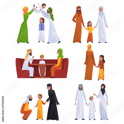 Happy Arab Family Spend Time Together Sitting at Table, Walking and Playing Big Vector Set