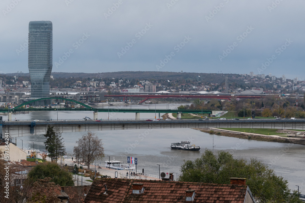 Cityscape of Belgrade and Sava river, bridges and Belgrade tower on waterfront