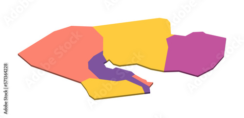 Djibouti political map of administrative divisions - regions. Isometric 3D blank vector map in four colors scheme.