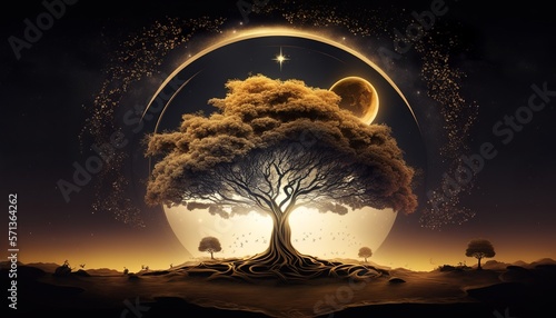 beautiful landscape from gold lightning background with rock and grass