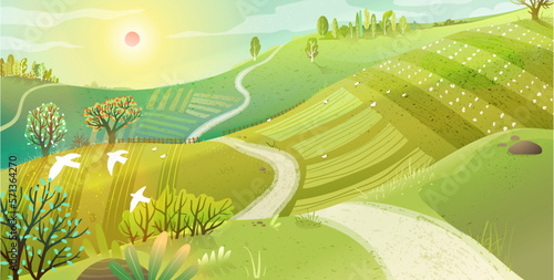 Hiking animals backpack and travel adventures. Bear, moose backpack hiking tale in wild nature scenery. Animals in countryside panoramic landscape. Hand drawn vector illustration in watercolor style.