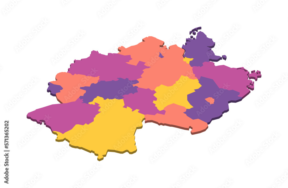 Germany political map of administrative divisions - federal states. Isometric 3D blank vector map in four colors scheme.