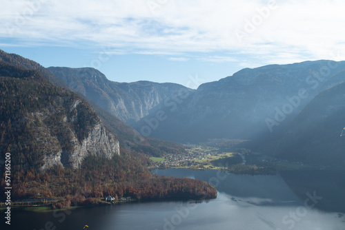 Hallstatt a hilly town with a lake in summer