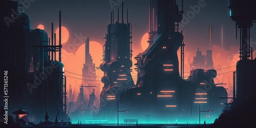 Future neon city. In a futuristic metropolis, an industrial area. Cyberpunk inspired wallcoverings. Grungy cityscape with enormous futuristic structures and dazzling neon lights. illustration