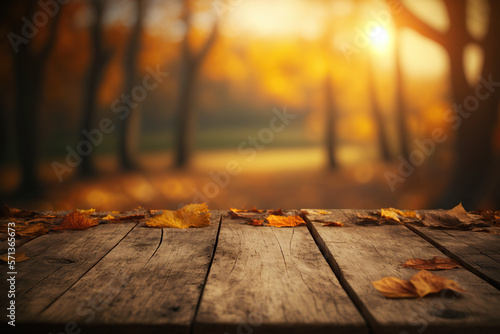 Autumn Table - Orange Leaves And Wooden Plank At Sunset, Generative ai