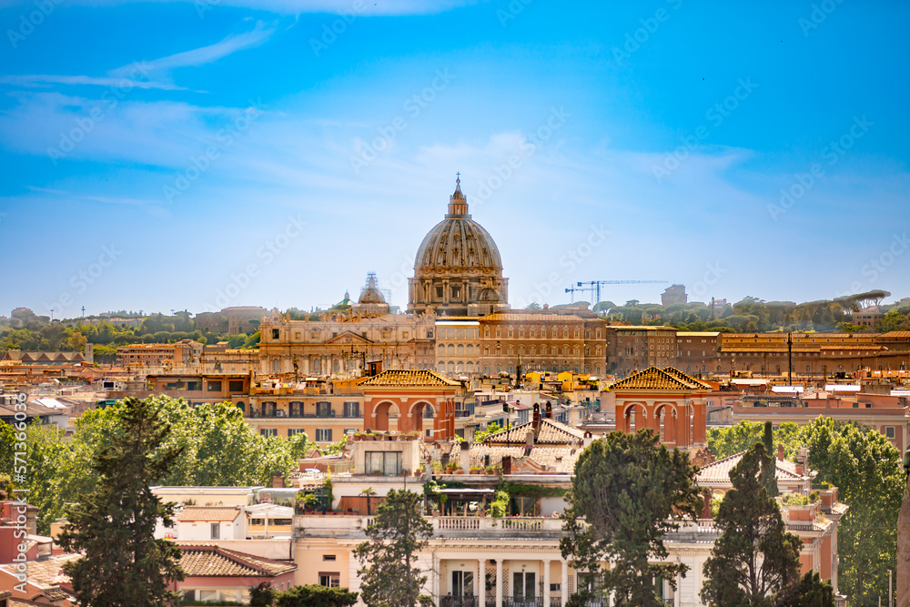  Panorama of Rome and Basilica of St. Peter in a summer day in Vatican. Beautiful view of cityscape of Rome.Architecture and landmarks. Old famous streets, attractions and world heritage