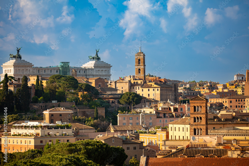 Rome skyline, Italy, Europe. Cityscape and skyline of Rome, scenic view National Monument to Victor Emmanuel II of Rome town in summer. Italian landscape, nice panorama of old Roma city.