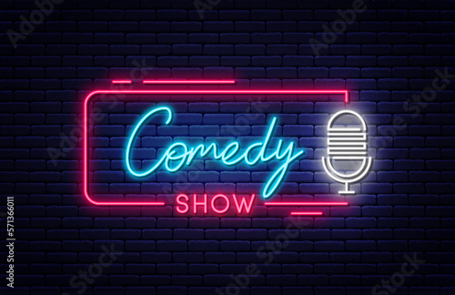 Comedy show neon signboard. Stand up comedy show neon light sign with glowing letters and microphone. Bright banner and poster template for comedy night, stand up battle and open mic show. Vector