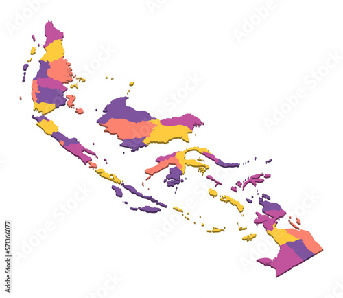 Indonesia political map of administrative divisions - provinces and special regions. Isometric 3D blank vector map in four colors scheme.