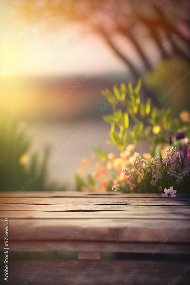 Spring Table - Spring flowers And Wooden Plank At Sunset , Generative ai Spring Table - Spring flowers And Wooden Plank At Sunset , Generative ai
