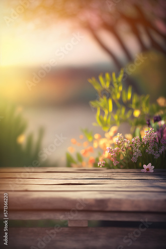 Spring Table - Spring flowers And Wooden Plank At Sunset   Generative ai