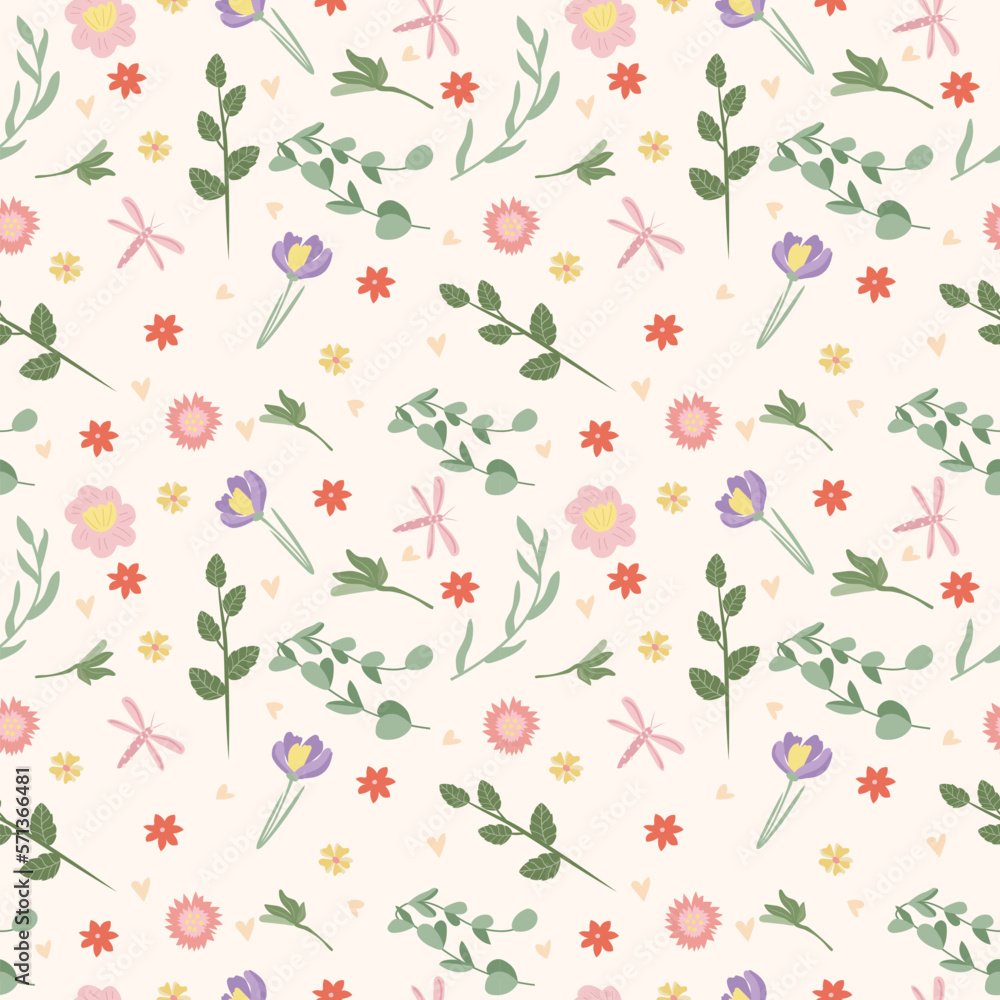custom made wallpaper toronto digitalSpring seamless pattern with colored flowers, green leaves, butterfly, hearts. Spring bloom and luxury. Floral pattern can be used as textile, fabric, wallpaper, banner, etc. Vector.