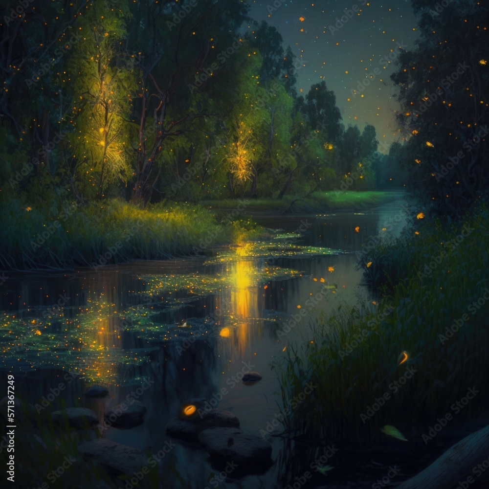 radiant riverbank illuminated by fireflies, fantasy art, AI generation.
