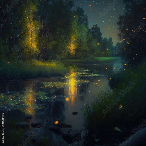 radiant riverbank illuminated by fireflies, fantasy art, AI generation.