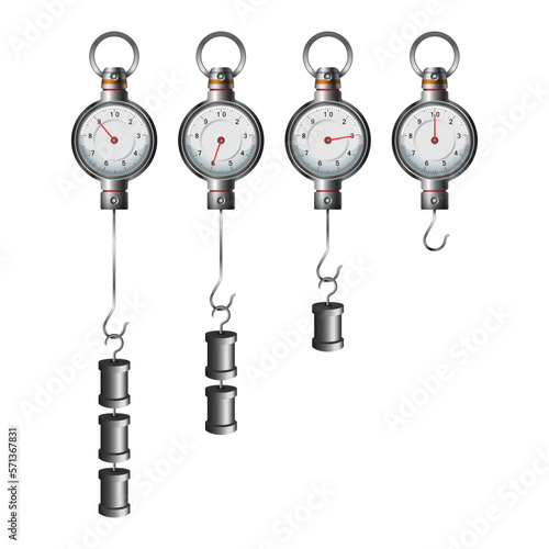 Set of four round pointer dynamometers with scales and different weights isolated on a white background. Dynamometer. Force measuring instrument. Dynamometer for physics and scientific purposes.