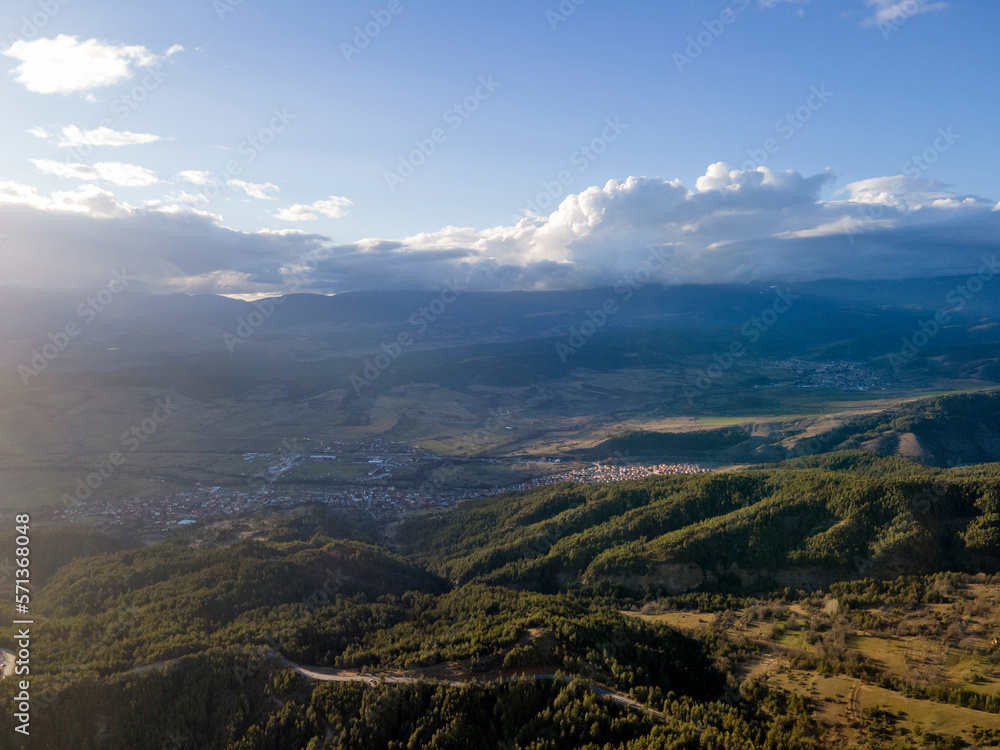 Aerial sunset view of Rhodopes mountain, Babyak,Bulgaria