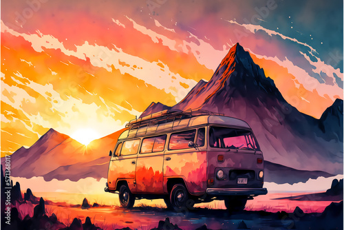 Generative AI drawing illustration of a van at sunset between mountains