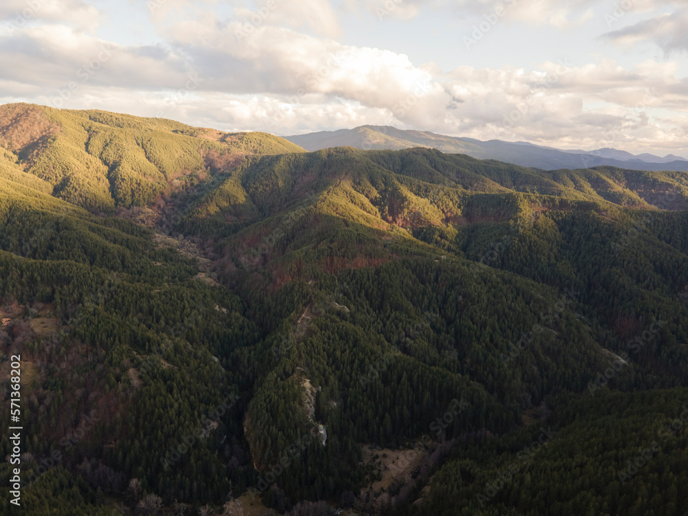 Aerial sunset view of Rhodopes mountain, Babyak,Bulgaria