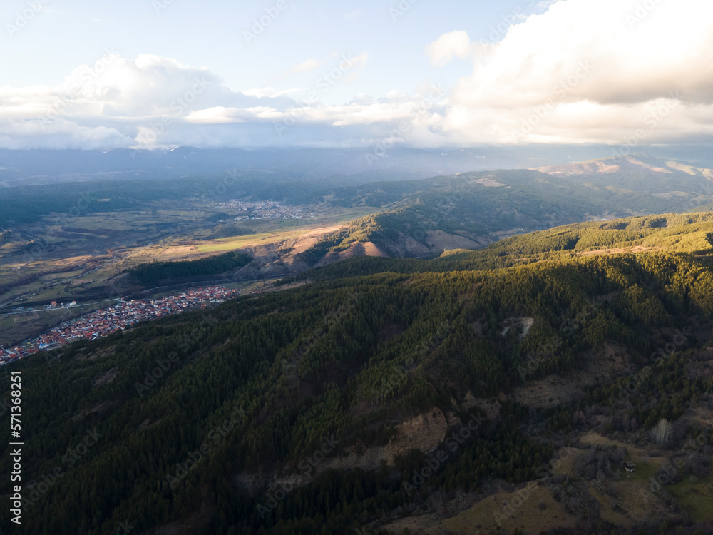 Aerial sunset view of Rhodopes mountain, Babyak,Bulgaria