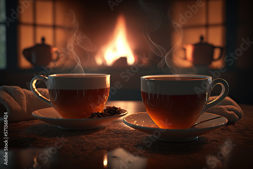 Two cups of steaming hot tea in front of fireplace, Generative ai