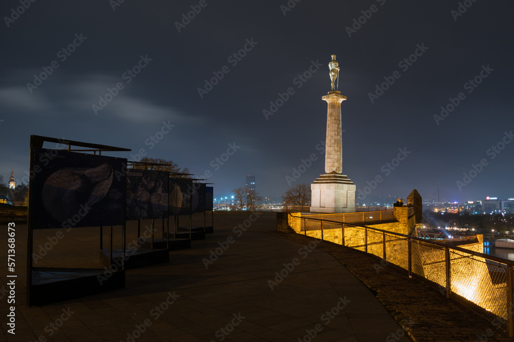 Victor statue at Belgrade park Kalemegdan during night, famous medieval landmark