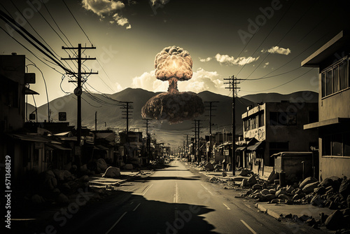 Radioactive nuclear bomb explosion with mushroom cloud in a war torn city. Atomic destruction. Ai generated