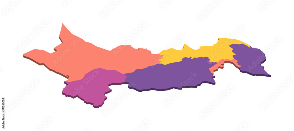 Pakistan political map of administrative divisions - provinces and autonomous territories. Isometric 3D blank vector map in four colors scheme.