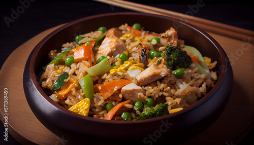 A bowl of fried rice with chicken, vegetables and teriyaki sauce generative AI