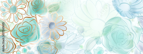 Background of colorful flowers painted with watercolors and a calligraphic brush