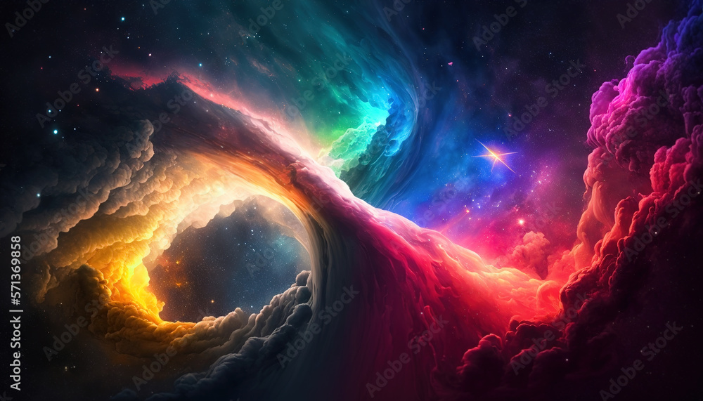 The depths of the cosmos are explored in this abstract fantasy galaxy background. Featuring a swirl of colors and intricate patterns, it showcases the mystery nebula of space. Generative AI.