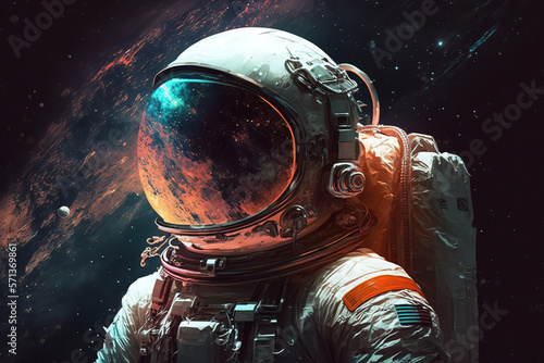 An astronaut in helmet staring out into the infinite void of space. Reflection of space in the astronaut's helmet. A fantastic image of an astronaut of a non-existent country in space. Generative Ai.