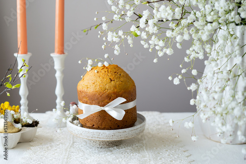Easter cake with decoration and blossom flowers twig