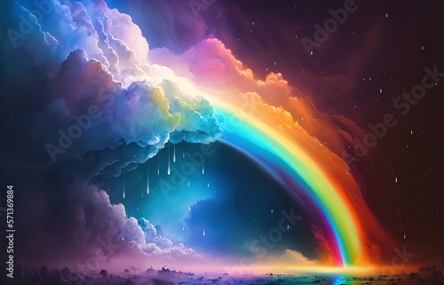A Fantasy stylized picture depicts an atmospheric rain, with a vibrant rainbow stretching across the sky. Rainy Clouds and a rainbow on the planet against the background of dark space. Generative Ai. © NikonLamp