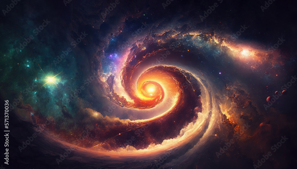 Fantasy Milky Way spiral with stars and nebulas. Fantastic outer space background. The vibrant colors and dazzling stars create a mesmerizing cosmic atmosphere. Generative Ai. Fantasy Milky Way spiral with stars and nebulas. Fantastic outer space background. The vibrant colors and dazzling stars create a mesmerizing cosmic atmosphere. Generative Ai.
