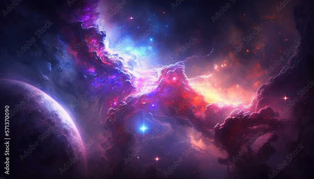A colorful space with planet, stars and purple cloud of smoke and gas. Abstract fantasy galaxy background with nebula and stars. Generative AI.