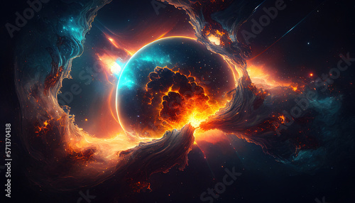 Fantastic space background. An exploding planet against a background of bright nebulae. Space view of a supernova. Fictional galaxy. Generative Ai. © NikonLamp